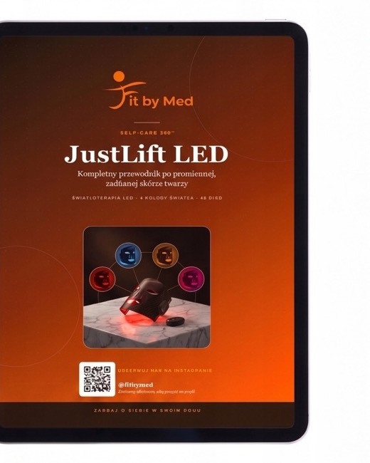E-book FitbyMed „JustLift LED. Kompletny przewodnik po promiennej, zadbanej skórze twarzy” na tablecie