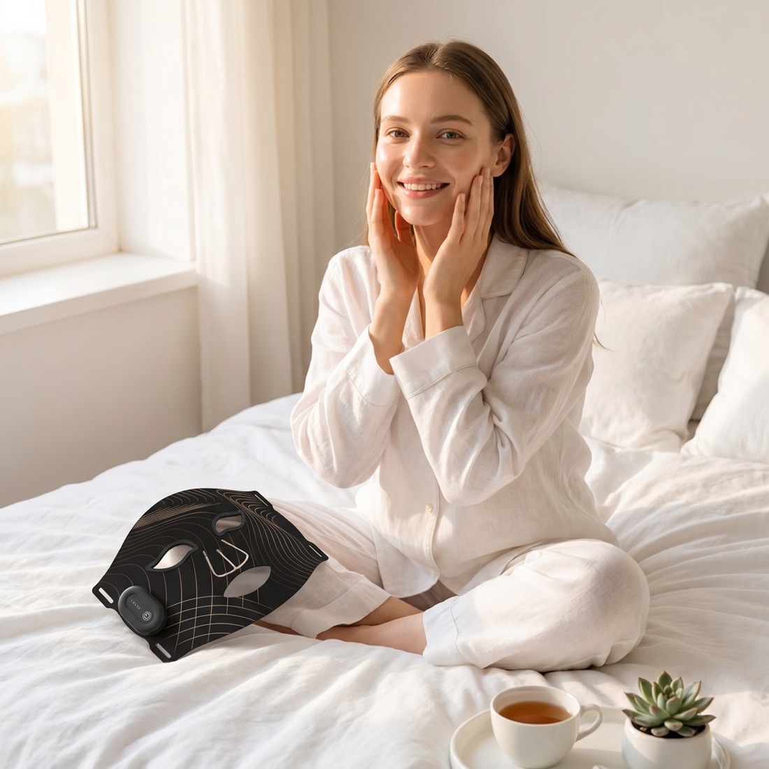 Kobieta z maską LED JustLift odpoczywa na łóżku — domowa terapia światłem